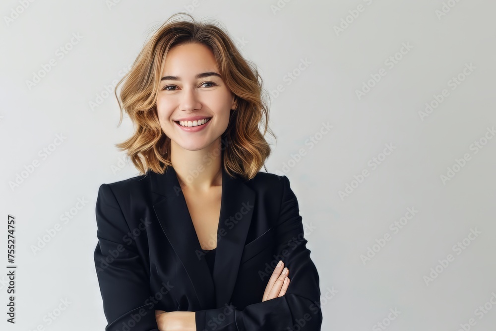 A successful business woman looks confident and smiles on white background A successful business woman looks confident and smiles on white background
