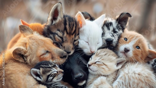 Group of adorable kittens and puppies cuddling - Heartwarming image of numerous kittens and puppies snuggled together, depicting friendship and comfort