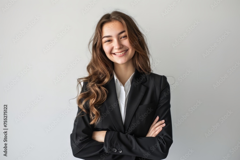 A successful business woman looks confident and smiles on white background A successful business woman looks confident and smiles on white background