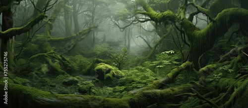 An enchanting natural landscape filled with lush green forests, where trees are adorned with moss, ferns, and various terrestrial plants photo