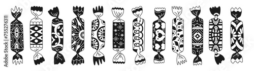 Wrapped candy with linear ornament. Caramel bonbon lollipop chocolate, cartoon doodle sweets snack set. Sugar dessert food childish celebration. Wrapped black and white candy glyph vector illustration