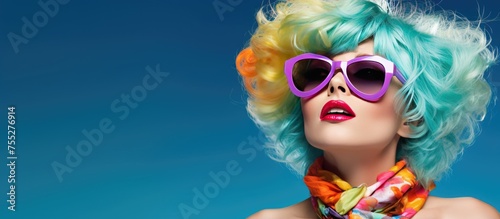 A beautiful woman is stylishly dressed in a colorful scarf and silver sunglasses, standing out against a bright blue background. She exudes confidence and fashion-forward sensibilities.