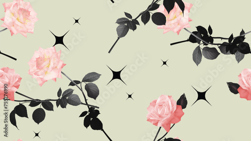 Floral seamless pattern, pink roses with black leaves on light green background