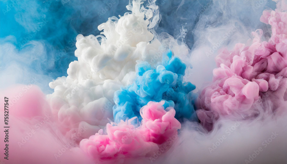 Fototapeta premium Background image of groups of pink, blue, and white colors of puffy chalk smoke in the air