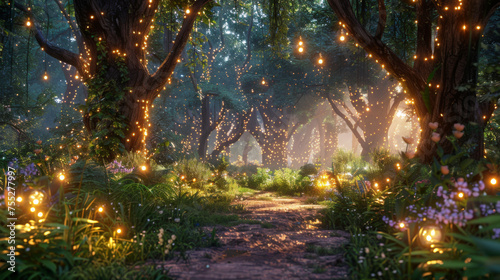 A magical forest pathway lit by fairy lights at dusk, creating a dreamlike evening ambiance. © khonkangrua