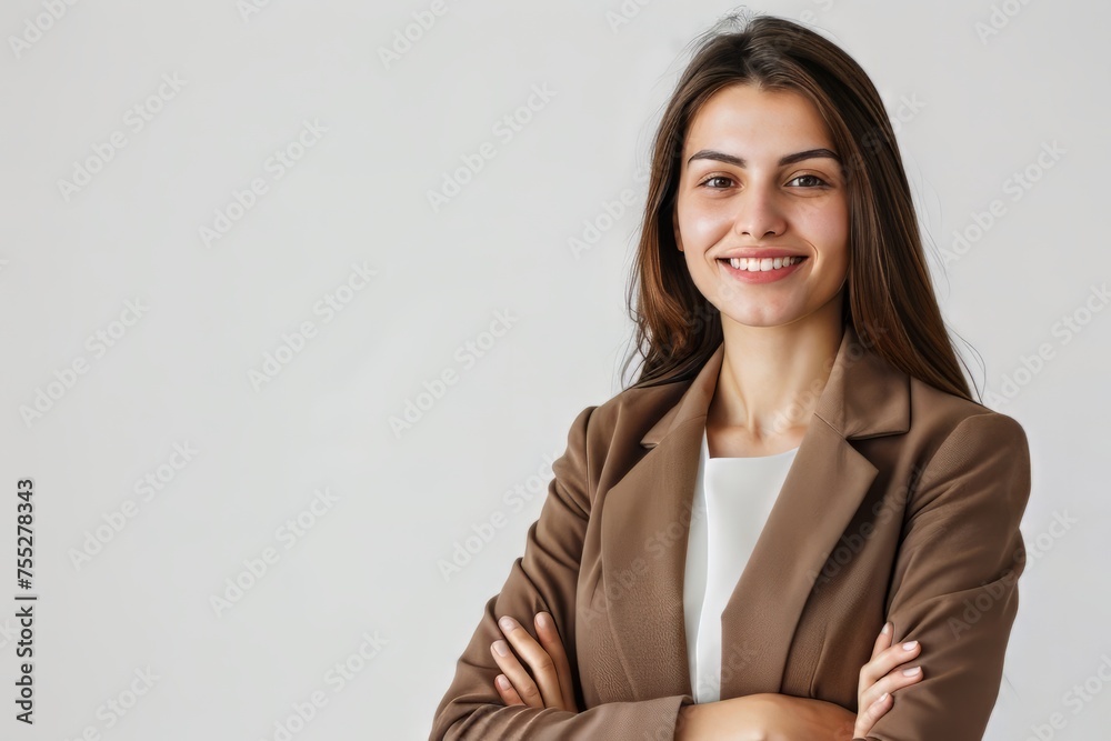 A successful business woman looks confident and smiles on white background A successful business woman looks confident and smiles on white background