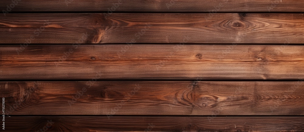 A closeup of a brown wooden wall displaying a row of amber hardwood planks, showcasing the intricate pattern of the wood grain and wood stain