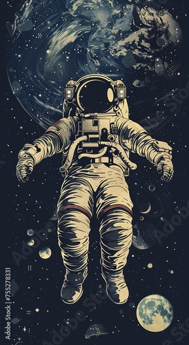 astronaut floating space earth background zoomed out symmetric body ecstasy clothed ancient suit idea seeps infinity arms legs hanging looking upward dream state shirt