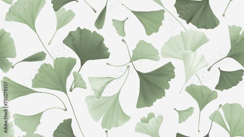Seamless pattern, green ginkgo leaves on light brown background
