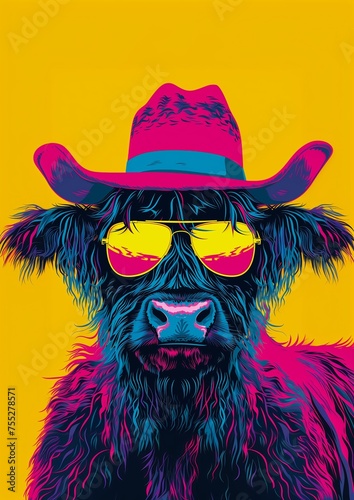 cow wearing hat sunglasses blacklight poster vibrant coloring offset printing technique dating punk rocker playboy cover absolutely outstanding color fly photo