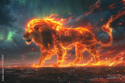 The lion emits burning fire from its body while walking, the background of the night sky is full of auroras