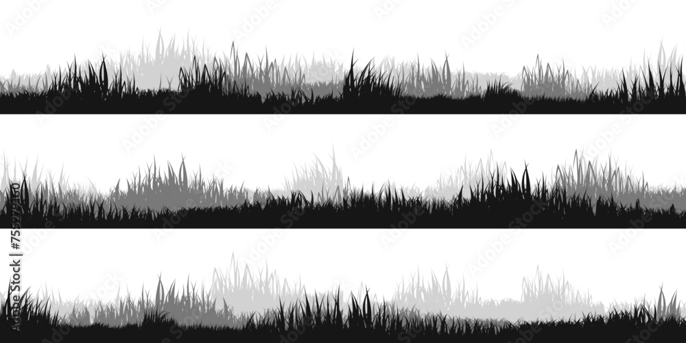 Obraz premium Meadow silhouettes with grass, plants on plain. Panoramic summer lawn landscape with herbs, various weeds. Herbal border, frame. Nature background. Black horizontal banner. Vector illustration