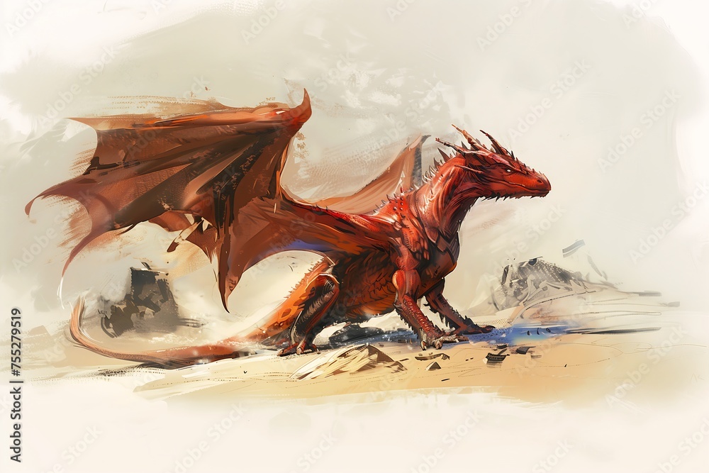 Obraz premium red dragon long tail sharp illustration bright portrait air fire saw huge desert