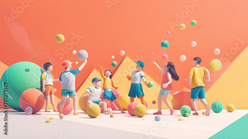 3D illustration of children playing with colorful balls on an abstract geometric background