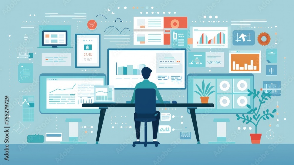 Man at a workstation with multiple screens - A graphic illustration of a man sitting at a workstation surrounded by screens displaying various data and charts Man at a workstation with multiple screens - A graphic illustration of a man sitting at a workstation surrounded by screens displaying various data and charts