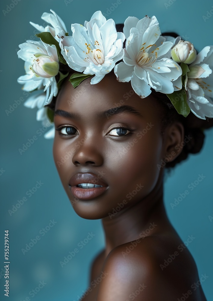closeup woman flower crown head ebony skin immaculate complexion girl face pearlescent angel center garden white backdrop aesthetics human - obrazy, fototapety, plakaty 