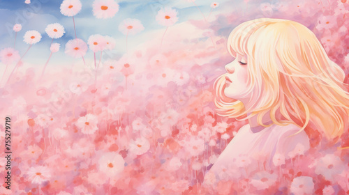 A dreamy painting of a young girl with blonde hair in a field of pink flowers  eyes closed and a serene expression on her face