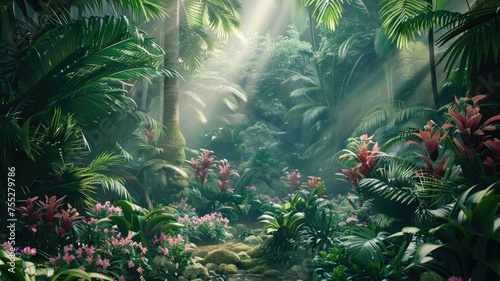Mystical forest scenery with fog and exotic plants - Densely packed tropical plants  flowering under a canopy with sunrays cutting through the morning fog  create an almost dreamlike forest scene