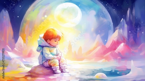 Lonely child astronaut exploring the dark side of the moon vintage style