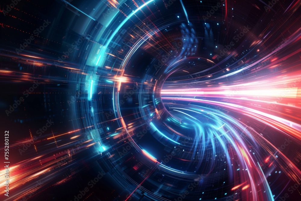 High-Speed Futuristic Data Tunnel Visualization - Dynamic representation of data travel through a high-speed futuristic tunnel, highlighting the fast-paced transfer of information