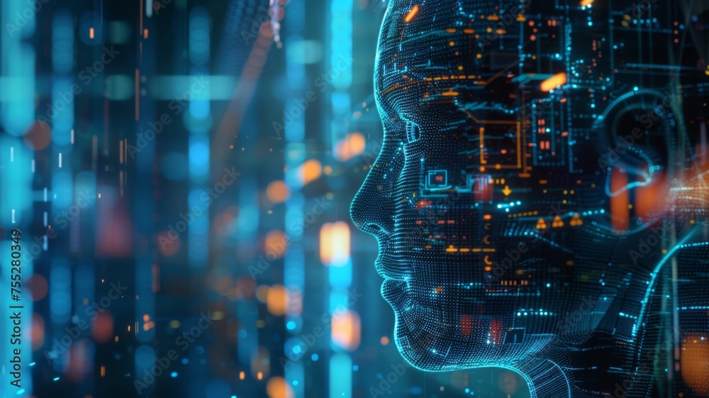 Digital human profile with code overlay - A striking image of a digital human head overlaid with code, illustrating AI and virtual identity Digital human profile with code overlay - A striking image of a digital human head overlaid with code, illustrating AI and virtual identity