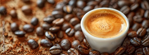 Espresso in a white cup surrounded by coffee beans on a textured wooden background.