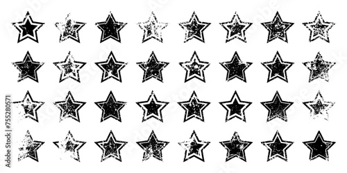 Vintage stars with cracks and stains. Old hand-drawn sign, black simple shape. Retro design element with distressed effect, grunge texture. Vector illustration