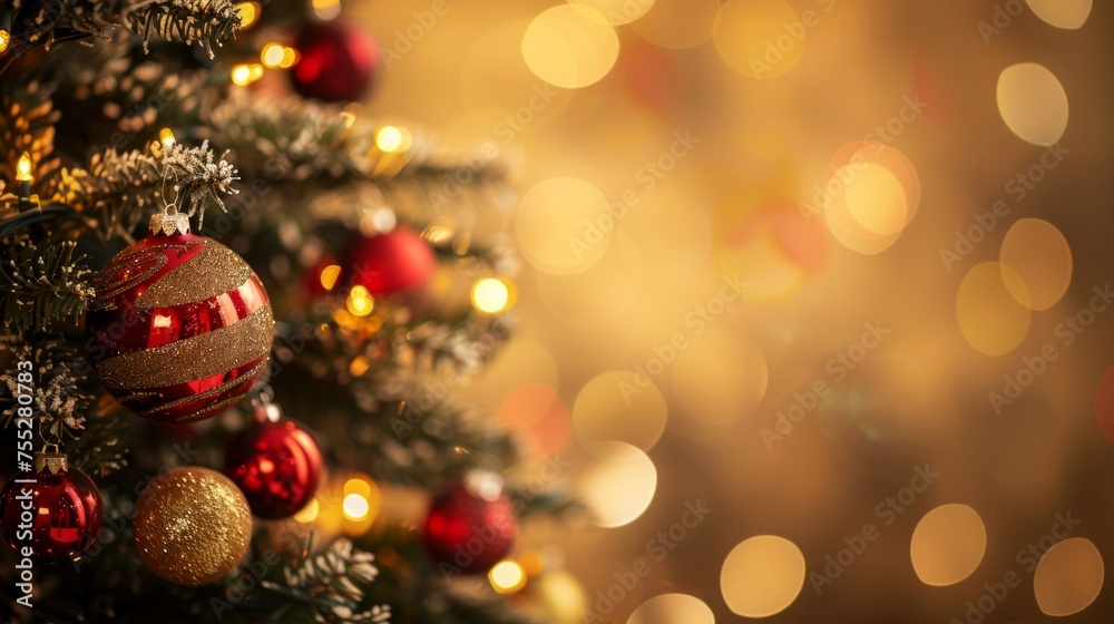 Warm and inviting Christmas tree adorned with glittering ornaments and shimmering lights against a bokeh background.