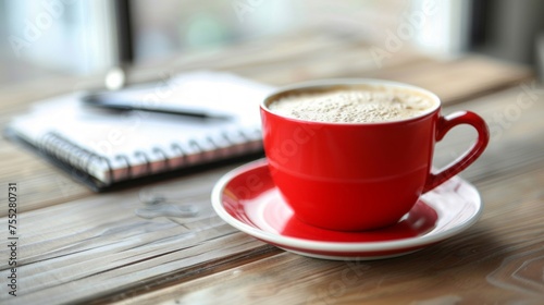 A red coffee cup with saucer on a wooden table, beside a notebook.
