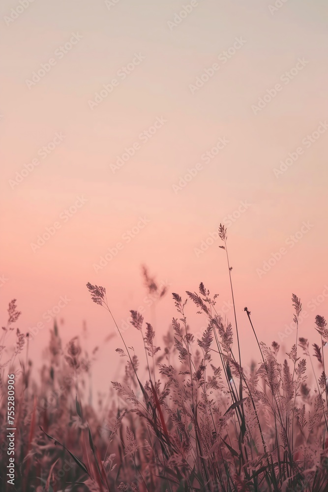 Obraz premium closeup field tall grass pink sky background transparent dried petals lake faint air delicate soft hazy lighting breathe aesthetics pastel fur