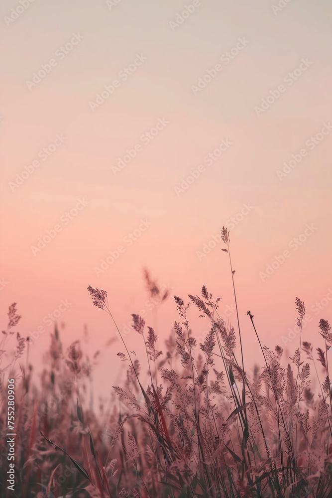 closeup field tall grass pink sky background transparent dried petals lake faint air delicate soft hazy lighting breathe aesthetics pastel fur