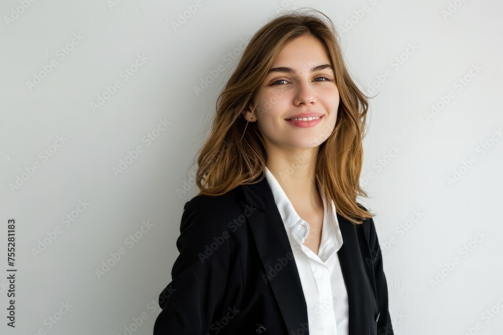 A successful business woman looks confident and smiles on white background A successful business woman looks confident and smiles on white background