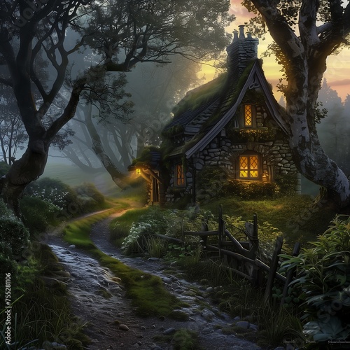 small house woods pathway matte illustration glowing windows whimsy near black cauldron idyllic cottage imagery inhabited levels evening sweet home © Cary