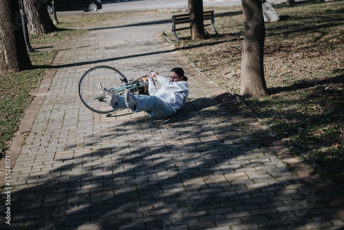 A cyclist has fallen off their bike onto a brick pathway in a sunlit park, capturing a moment of an unexpected accident.