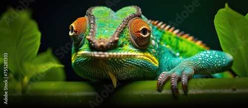 In this close-up shot, a vibrant green and orange chameleon is depicted, showcasing its intricate skin patterns and unique coloration. The chameleon is perched on a branch, moving its eyes © TheWaterMeloonProjec