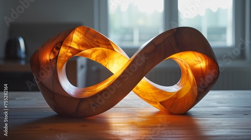  Wooden infinity symbol sculpture, illuminated by warm light. photo