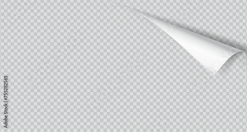 Curled corner of paper with shadow realistic vector illustration. Office essentials. Turning notebook page 3d model on transparent background