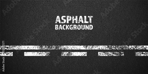 Asphalt road with white cracked lane marking, concrete highway surface, texture. Street traffic line, road dividing strip. Pattern with grainy structure, grunge stone background. Vector illustration