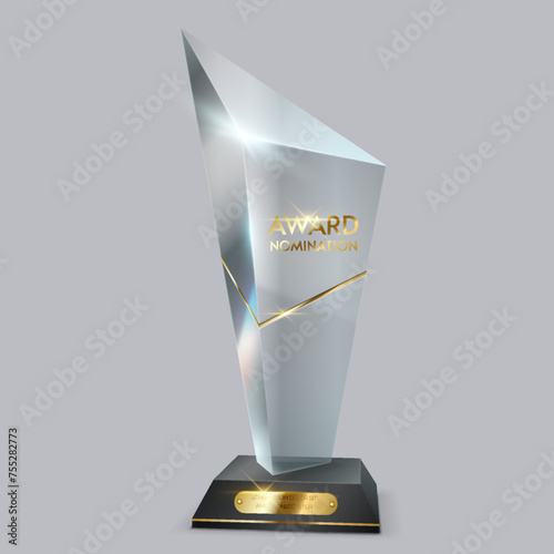 Glass trophy with golden ornament and glare realistic vector illustration. Abstract shaped crystal reward for best 3d model on light background