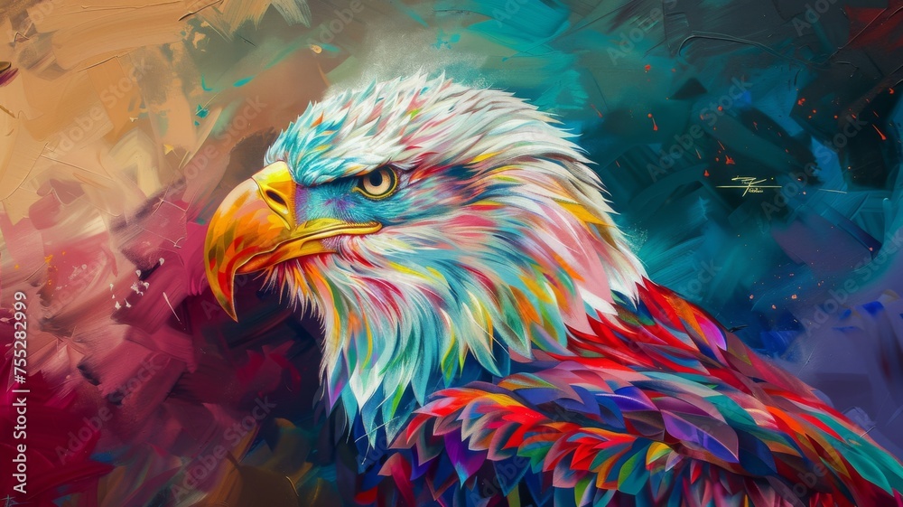 Abstract colorful eagle profile painting - A close-up painting of an eagle's profile with abstract, colorful feather details