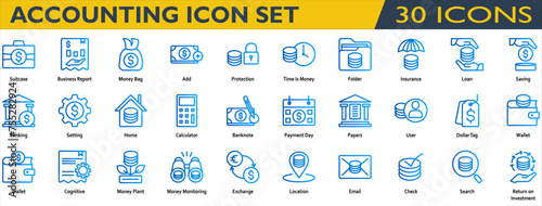 Accounting icon set. Containing Business Report,Money Bag,Time Is Money,Insurance,Loan,Savings,Banking,Banknote,Payment Day,Dollar Tag,Money Plant,Money Monitoring,Return on Investment. line gradient