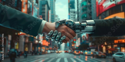 A human and a robotic hand in a symbolic handshake in the bustling city streets, representing human-robot collaboration.