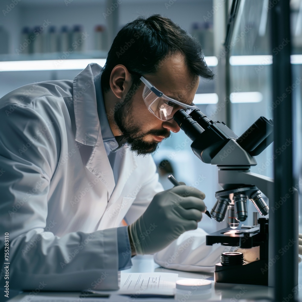 Scientist conducting research using microscope - A male scientist records observations while working with a microscope in a well-equipped laboratory Scientist conducting research using microscope - A male scientist records observations while working with a microscope in a well-equipped laboratory