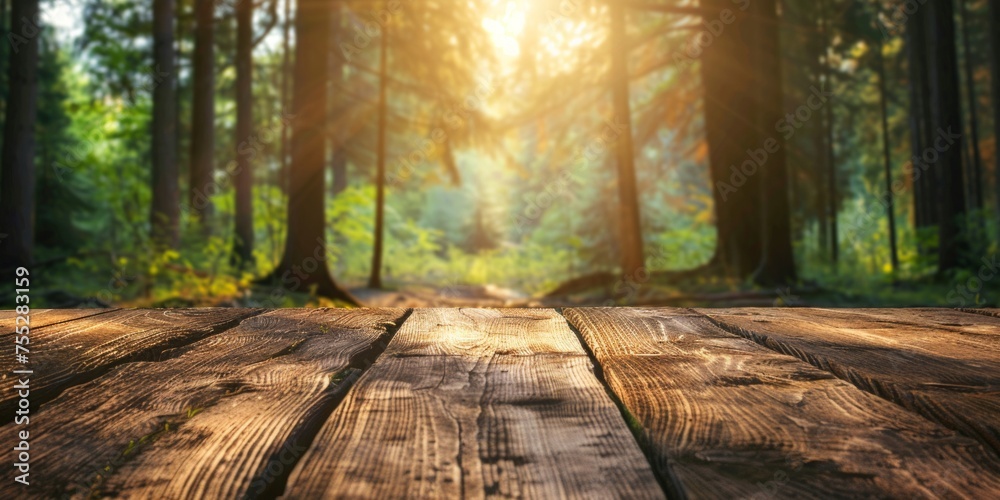 A tranquil forest scene with a path lit by the sun's rays, viewed from a wooden plank floor, inviting exploration.