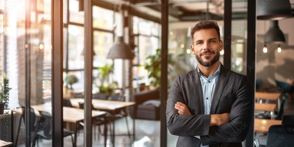 Professional male entrepreneur standing with arms crossed in a bright contemporary office environment. Professional male entrepreneur standing with arms crossed in a bright contemporary office environment.