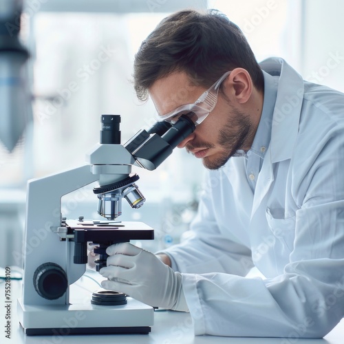 Scientist examining samples under microscope - A focused scientist meticulously studies biological samples under a modern microscope in a lab