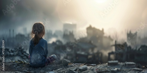 A young girl sits in contemplation, facing a desolate urban landscape shrouded in haze, symbolizing environmental decline.