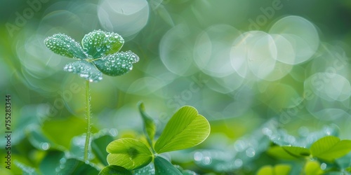 Close-up of fresh clover leaves covered in dew drops, glistening in the soft morning light.