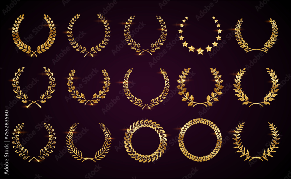Golden laurel winner wreaths realistic vector illustration set. Classic victory garland element 3d models on dark background. Efforts reward