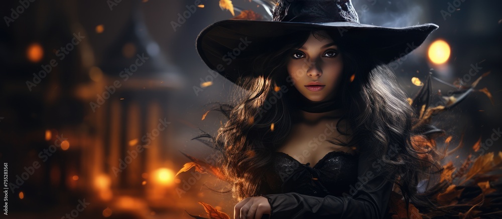 A woman is pictured wearing a witches hat and holding a wand in a costume. She appears to be posing and embodying the character of a witch. A woman is pictured wearing a witches hat and holding a wand in a costume. She appears to be posing and embodying the character of a witch.